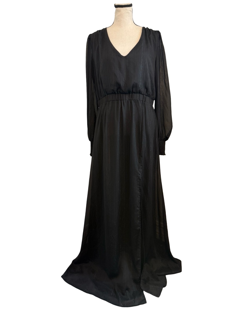 Symphony Black Metallic Maxi Dress Sheer Long Sleeves V-Neck Formal Gown L